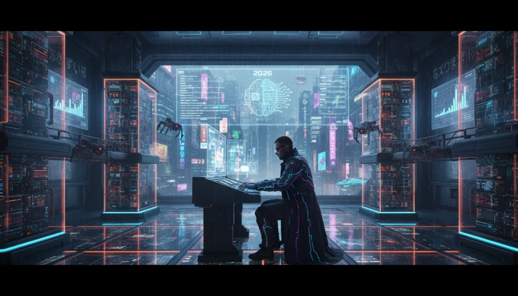 Digital operator managing AI agent treasuries in a 2026 cityscape, marking the end of traditional human signers.