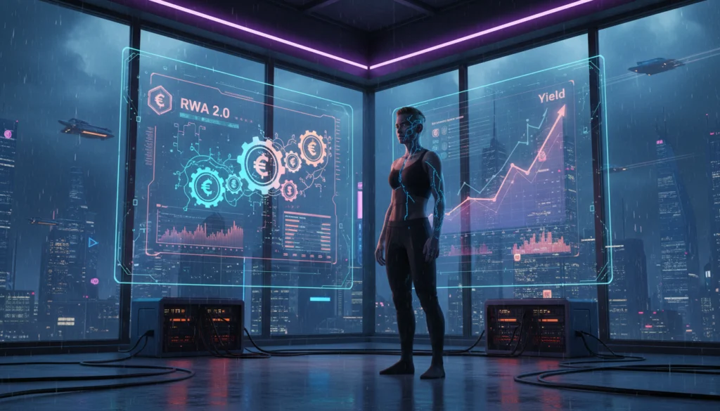 Cyborg monitors RWA 2.0 holographic gears and a rising yield-bearing graph, illustrating the 2026 shift in tokenization.