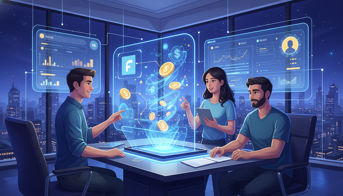 Experts analyze holographic data for Farcaster SocialFi yield farming in a 2026 futuristic high-tech city office.