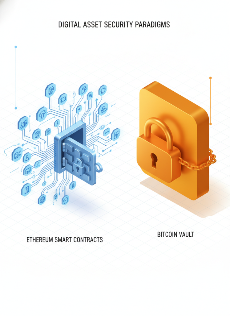 Diagram showing the difference in attack surfaces between Ethereum's Turing-complete AVS modules and Bitcoin's time-locked UTXOs.