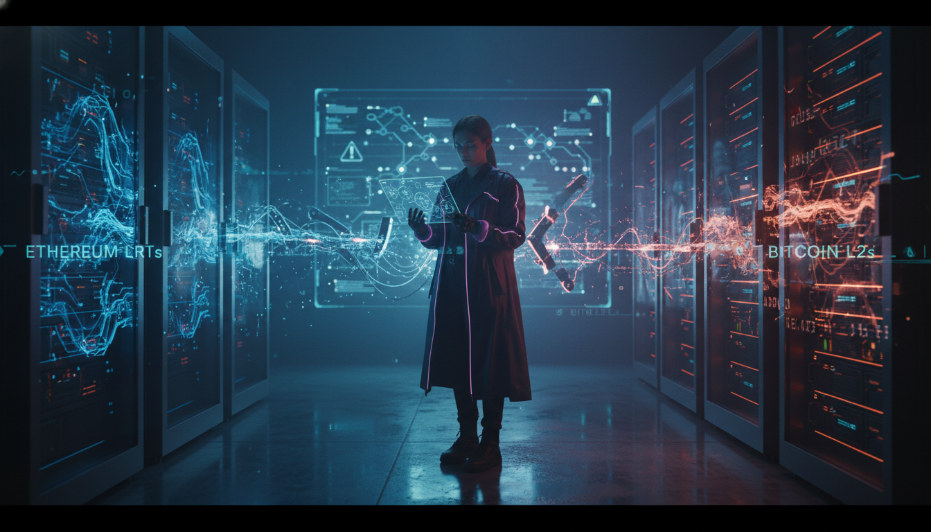 Tech expert monitoring liquid restaking security between blue Ethereum LRTs and orange Bitcoin L2s in a data center.
