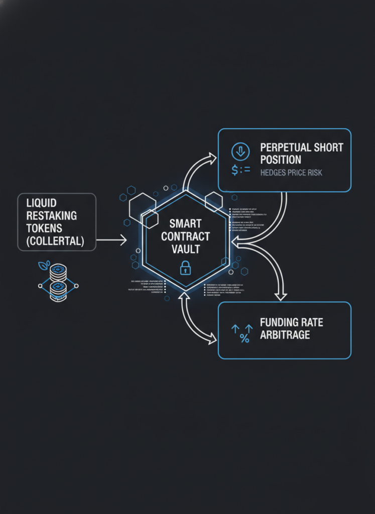 Diagram showing delta-neutral stablecoin architecture with LRT collateral and perpetual short positions