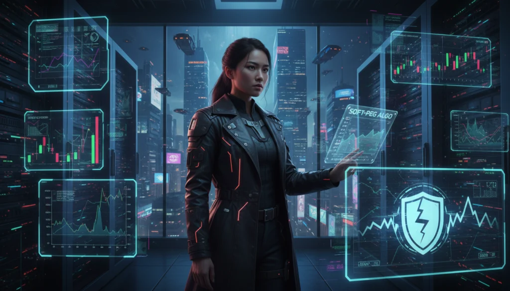 Data analyst monitors soft-peg algorithmic stablecoin charts in a tech hub to gauge 2026 market volatility resilience.