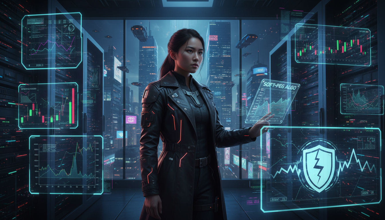 Data analyst monitors soft-peg algorithmic stablecoin charts in a tech hub to gauge 2026 market volatility resilience.