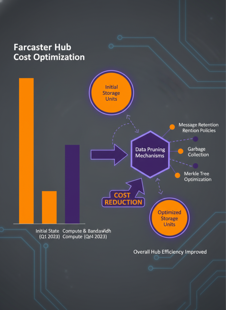 Chart illustrating Farcaster Hub storage cost optimization through data pruning and Arweave cold storage offloading.